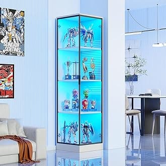 BROTTAR 4 Tier Corner Display Cabinets, 62.9" Tall Bookcase Bookshelf with Lights and Magnetic Lock, Storage Cabinet with Human Sensor for Living Room Corner Shelf Unit, White