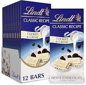 Lindt CLASSIC RECIPE Cookies and Creme White Chocolate Candy Bar, White Chocolate Candy with Chocolate Cookie Pieces, 4.2 oz. (12 Pack)