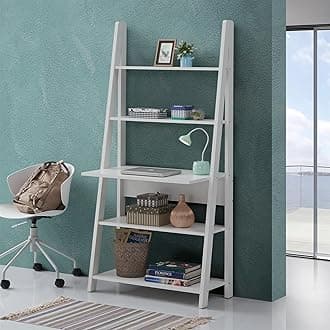 Timber Art Design UK Riva Ladder 5 Tier Bookcase Open Wall Mount Industrial Storage Rack Unit & Overhanging Desk For Living Room, Office, Study Room Furniture, White - 84.2 x 175.4 x 50 cm