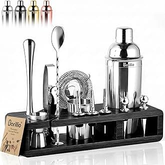 Silver Bartender Kit - Stainless-Steel Cocktail Shaker Set w/Black Bamboo Stand - Mixology Bar Tools w/Drink Shaker, Mixer & Muddler for Cocktails - Home Bar Accessories - 23-Pc Bar Set