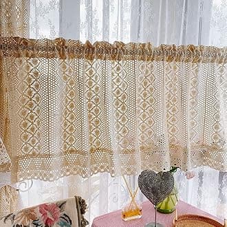 Rustic Crochet Curtain Valance for Kitchen Bathroom Farmhouse Lace Curtain Tiers for Coffee Decor Room Divider Rod Pocket Hollow Out Short Curtains for Closet Doorway 1 Panel W39 X L35 Inch