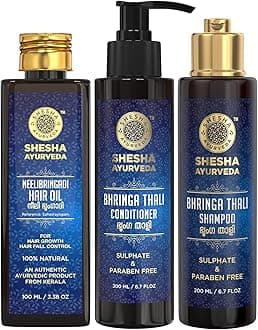 Shesha Ayurveda Bhringa Thali Ayurvedic Shampoo, Conditioner (200ML each) & NeeliBringadi Hair Oil (100ML) Combo Kit (Sulphate & Paraben Free) (Hair Care Combo)