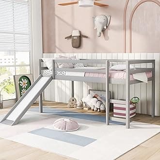 Bellemave Low Loft Bed with Slide,Wood Twin Size Loft Bed for Kids,Wood Low Loft Bed Frame with Climbing Ladder & Safety Guard Rail.(Gray)