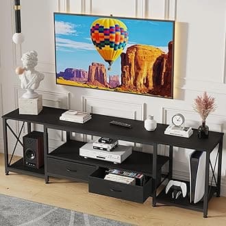 GYIIYUO TV Stand with Fabric Drawers for 75 80 Inches TV - Entertainment Center and Industrial TV Console Table with Open Storage Shelves for Living Room, Bedroom- 71.5" Black