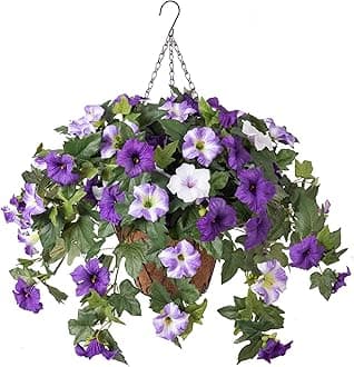 Artificial Hanging Fake Flowers with Basket Plants for Outdoor Decoration, Faux Silk Flower UV Resistant Morning Glory for Home Porch Patio Garden Balcony Yard Look Real (Purple White)