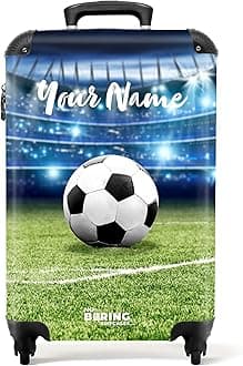Children's Luggage Kids Suitcase for Boys - Personalised Lightweight Cabin Suitcase on Wheels - Black-White Football in Stadium - 55x40x20cm - Hard Shell Trolley - 20" - 10kg