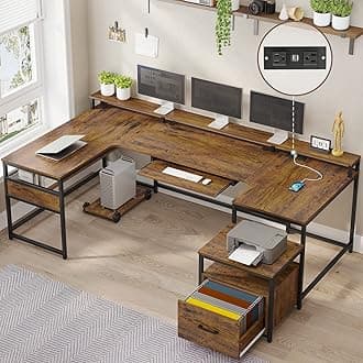 SEDETA L Shaped Desk, 82.6" U Shaped Desk, Computer Desk with File Drawer & Power Outlet, Home Office Desk with Monitor Shelf, Keyboard Tray and Printer Storage Shelves, Gaming Desk, Rustic Brown