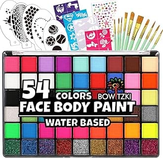 Face Paint Kit with 54 Colors, 8 sheets Stencils, 2 Glitters,10 Brushes, 1 Sheet Gems, Water Based Face Painting Kit, Safe Professional Halloween Party Makeup Set