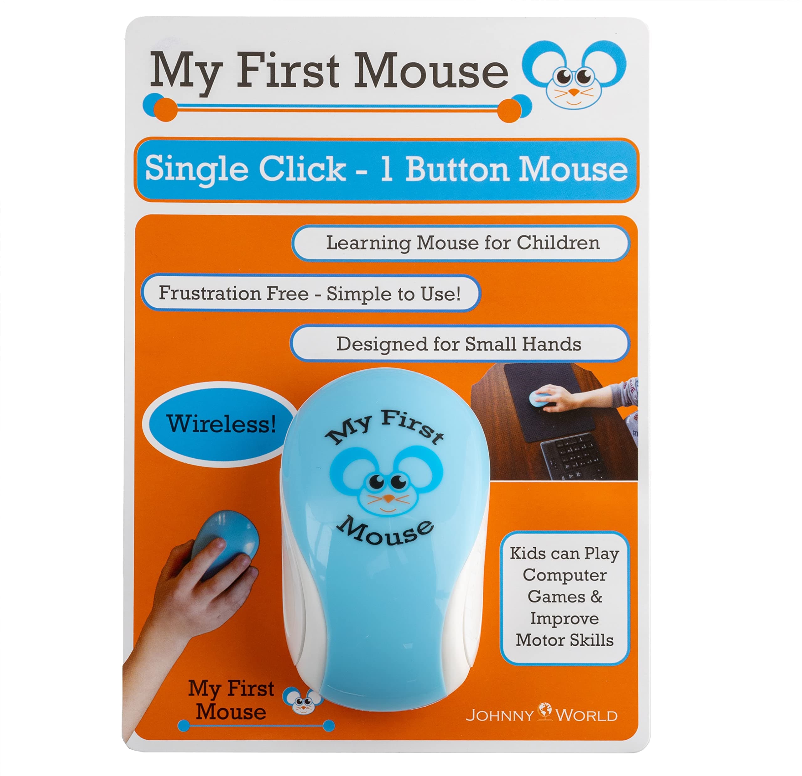 Johnny World My First Wireless Mouse - Single Click, One Button, Designed for Small Hands and Early Learners. Perfect for Educational Computer Games