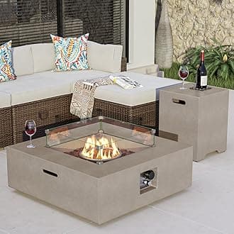 COSIEST 35-inch Square Outdoor Sandstone Propane Fire Pit w Wind Guard and Side Table, Certified, 50,000 BTU Stainless Steel Burner, Free Lava Rocks and Rain Cover, Metal Lid(Gray)