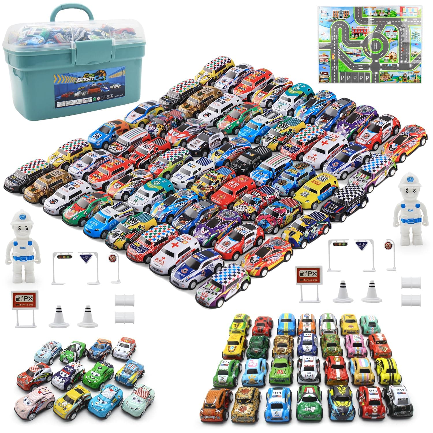 Mostop 100 PCS Mini Pull Back Car Set, Pull Back Racing Vehicles for Kids Toddlers, Kids Party Favors Car Pack Toy with Storage Box and Map, Bulk Small Vehicles, Push and Go Racing Cars for Kids