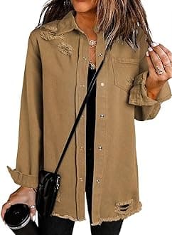 Dokotoo Womens Fashion Casual Jean Jacket Oversize Fall Outfits Button Down Long Sleeve Denim Shirts Western Country Concert Outfits Shackets Classic Distressed Coats Outwear Brown XL