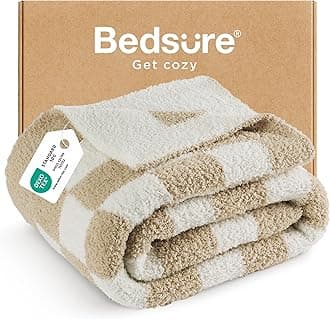 Bedsure GentleSoft Cozy Soft Throw Blanket for Couch, Beige Checkered Fluffy Blanket, Lightweight Warm Knit All Season Throw Blankets for Bed Sofa, Birthday, for Women, 50x60 Inches