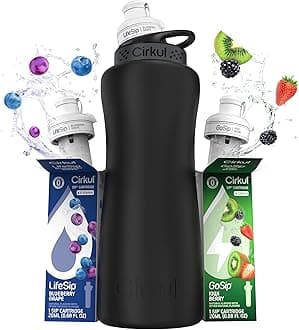 Cirkul 32oz. Matte Black Stainless Steel Water Bottle Starter Kit with Black Lid and 2 Flavor Cartridges (1 LifeSip Blueberry Grape, 1 GoSip Kiwi Berry) No Sugar, Zero Calorie Drink Mix