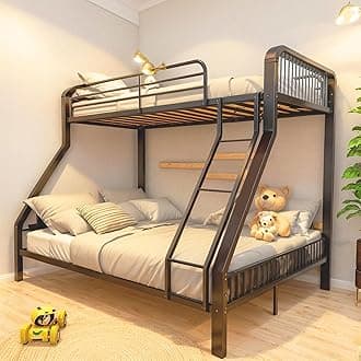 New Twin XL Over Queen Bunk Bed, Heavy Duty Bunk Bed Twin Over Queen Size with Ladder & Guardrail for Kids Adults Teens Boys, Weight Capacity 500 lbs,Black (Twin XL Over Queen BUNK Bed)