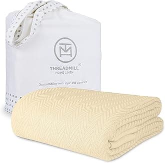 - Threadmill Vanilla Cream 100% Combed Cotton King Size Blanket, All-Season Soft Breathable Light Weight Herringbone Throw