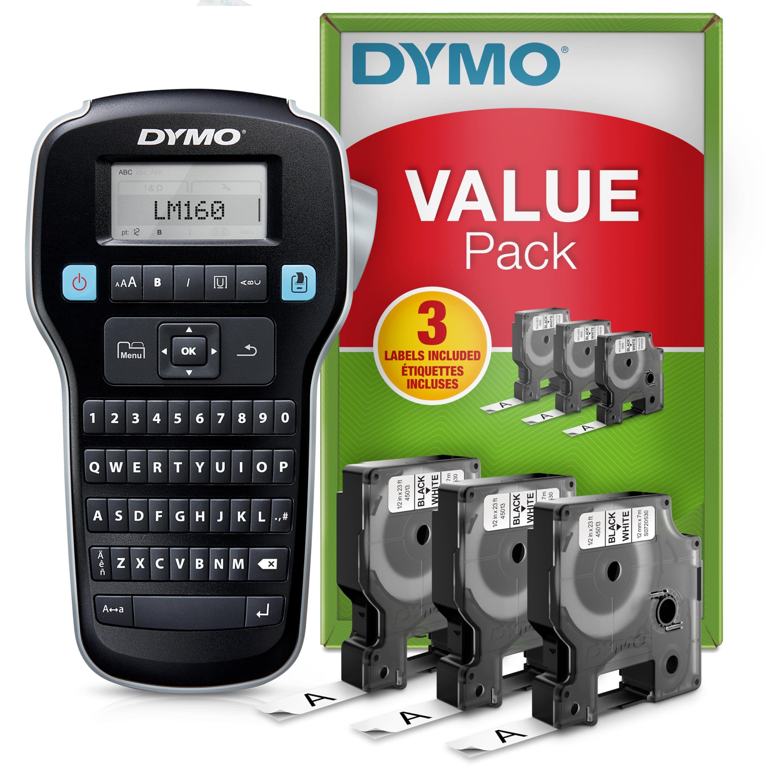 Dymo LabelManager 160 Label Maker Starter Kit | Portable Label Printer | With 3 Rolls of DYMO D1 Label Tape | QWERTY Keyboard | Ideal for Home or Office Use