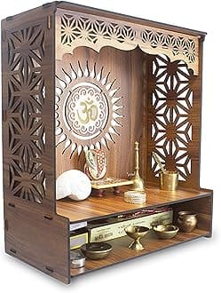 Heartily® Shree Beautiful Wooden Pooja Stand for Home Mandir for Home Temple for Home and Office Puja Mandir for Home and Office Wall with LED Spot Light Product (H- 18, L- 16, W-8.75 Inch)