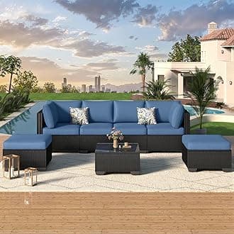 U-MAX 7 Piece Outdoor Patio Furniture Set, PE Rattan Wicker Sofa Set, Outdoor Sectional Furniture Chair Set with Navy Cushions and Tea Table, Black Rattan