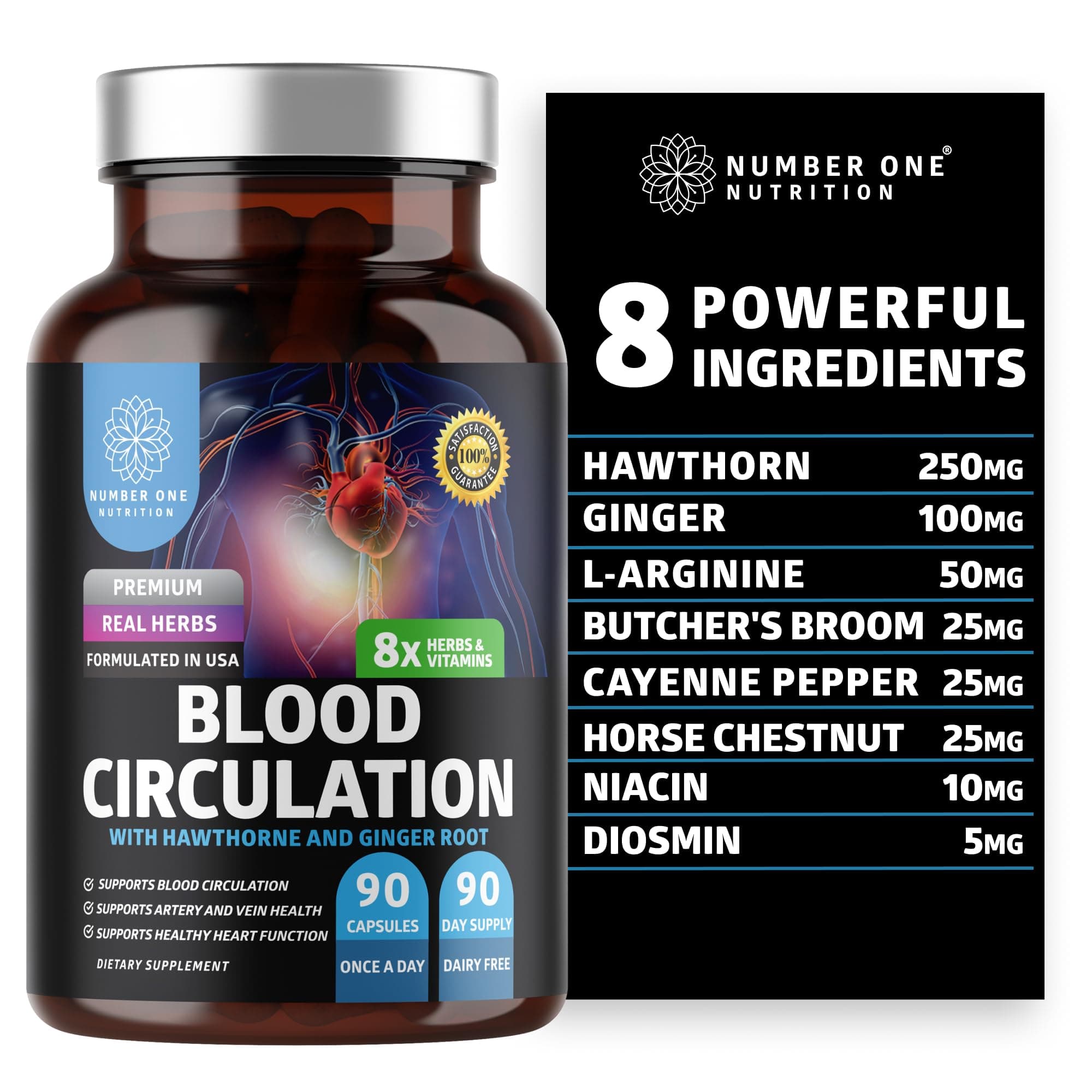 Number One Nutrition Premium Blood Circulation Supplement for Women and Men [8 Powerful Herbs & Vitamins] All Natural Blood Flow Supplement with Hawthorn, Butchers Broom and Cayenne Pepper, 90 Caps