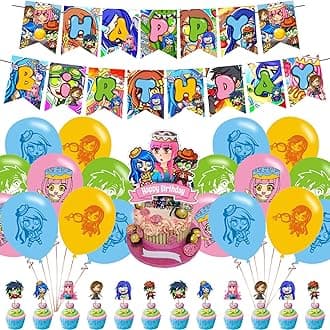 Funneh Krew Birthday Decorations, Cartoon Gaming Themed Party Supplies set with Banner,Cake Cupcake Toppers,Balloons for Fans Adults Birthday Party Favors