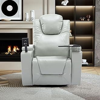 Merax 270 Degree Swivel PU Leather Power Recliner Individual Seat Home Theater Recliner with Surround Sound, Cup Holder, Removable Tray Table, Hidden Arm Storage for Living Room, Grey