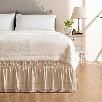 MIYE Wrap Around Ruffled Lace Bed Skirt, Elastic Dust Ruffle with Adjustable Belts, Easy to Put On, Bed Frame Cover, Machine Washable (Tassel Ruffle/Beige, King/Queen-12.5" Drop)