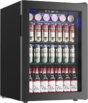 100 Can Beverage Refrigerator Cooler, 2.7 cu.ft Mini Fridge Glass Door for Beer Drinks Wines, Freestanding Beverage Fridge with Adjustable Shelves Blue LED for Home/Office/Dorm/Bar, Black
