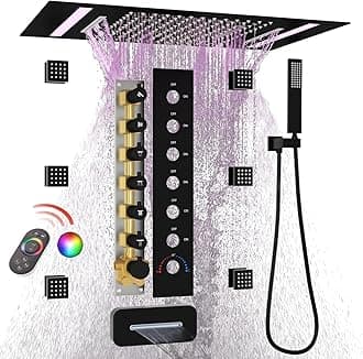 HOMEDECLED Multi Functions Full Body Shower System with 6pcs Body Jets Spray with（Up/Down ）Shower Spout, Large 3 In 1 Functions 14x20inch Showerhead, Rainfall Mist Shower Faucet Set Complete, Black