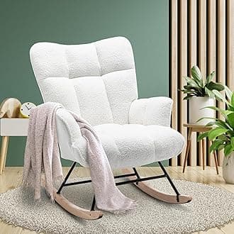 Rocking Chair Nursery Teddy Upholstered Glider Rocker Rocking Accent Chair Padded Seat with High Backrest Armchair Comfy Side Chair for Living Room Bedroom Offices (White Teddy)