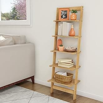 Lavish Home 5-Tier Ladder Bookshelf- Leaning Decorative Shelves, Pickled Oak Finish