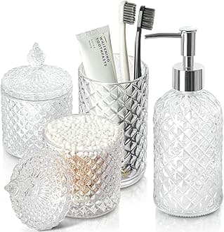 Bathroom Accessories Set, 4 Pack Clear Glass Bath Accessory Sets Complete, Diamond Soap Dispenser and Toothbrush Holder Set for Bathroom Counter Sink, Boho Modern Bathroom Decor