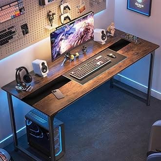 SANODESK Large Home Office Computer Desk, Modern Simple Wooden 70.9 Inch Gaming Desk, Study, Large Legroom, Metal Frame, Rustic/Black