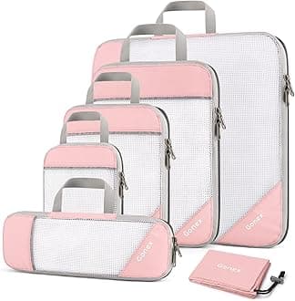 Gonex Compression Packing Cubes, Extensible Storage Mesh Bags Organizers, 6 PCS Pink, L+M+S+XS+Slim+Laundry Bag