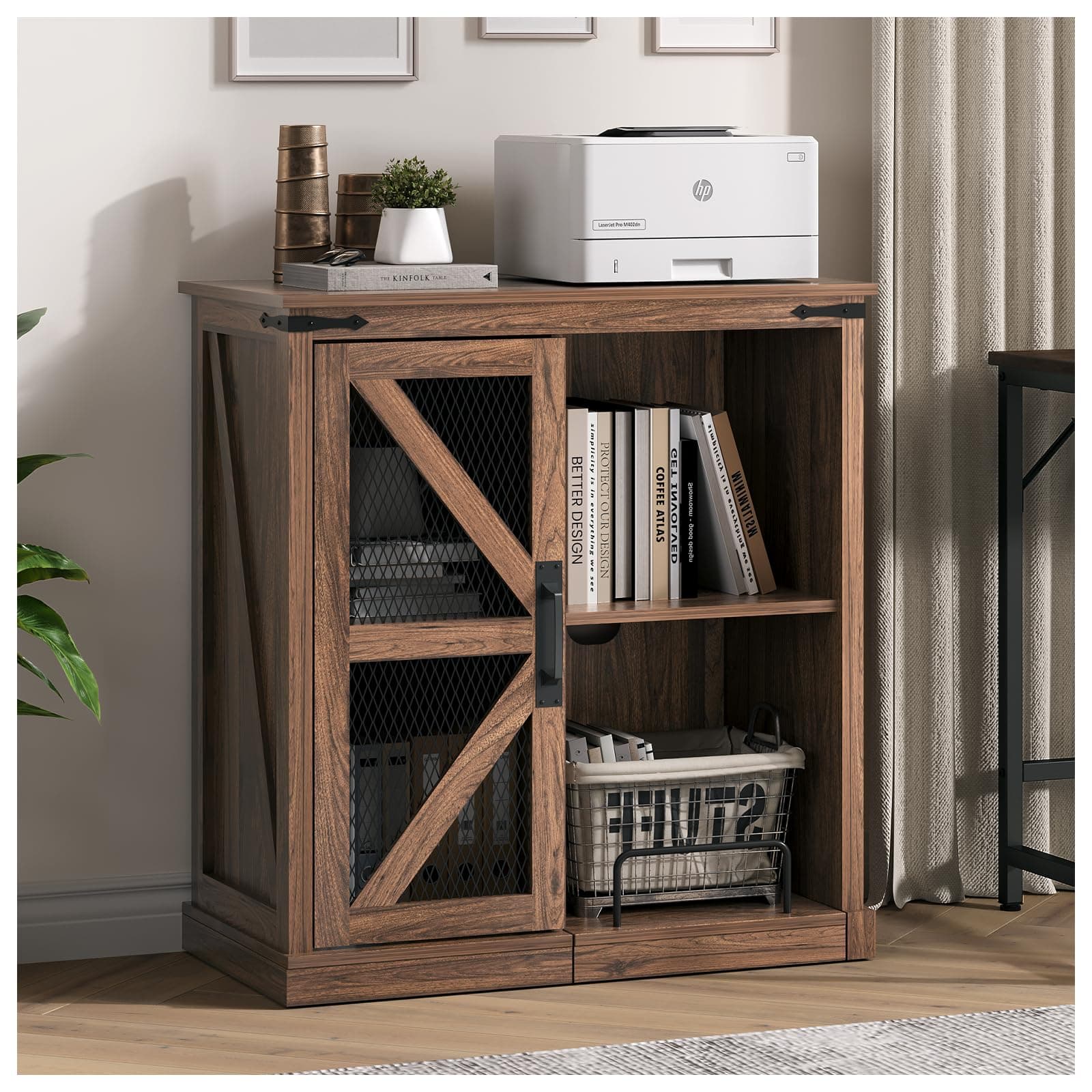 Printer Stand with Storage,File Cabinet with Socket and USB Charging Port,Farmhouse Paper Shredder Stand Rack with Slide-Out Shelf,Walnut
