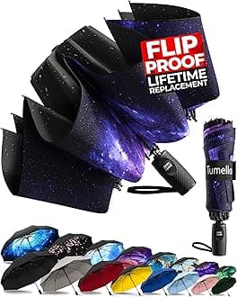 TUMELLA Flip-proof Inverted Travel Umbrella, Small Strong but Light Portable and Automatic Reverse Folding Rain Umbrella, Durable Premium Grip, Fits Car & Backpack