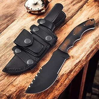 Poshland Handmade D2 Steel Tracker Knife, Fixed Blade Survival, Camping, Tactica,Black Tracker Design with Horizontal Carry Leather Sheath, Durable Outdoor Knife for Adventurers