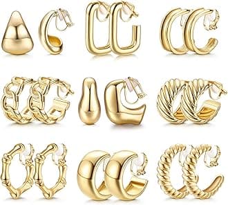 THUNARAZ Gold Clip on Earrings 14K Gold Plated Chunky Hoop Clip Earrings Trendy Clip on Hoop Earrings for Women Non-Pierced Fake Jewelry