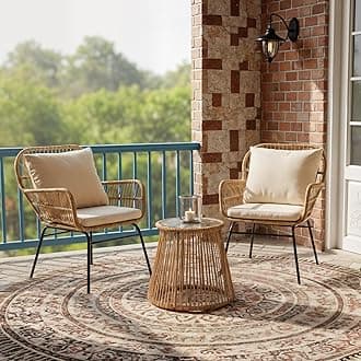 BULEXYARD 3 Pcs Boho Outdoor Patio Furniture Sets with Round Side Coffee Table, Natural Color Wicker Conversation Chair Sets with Cozy Beige Cushion for Backyard Porch Balcony Deck