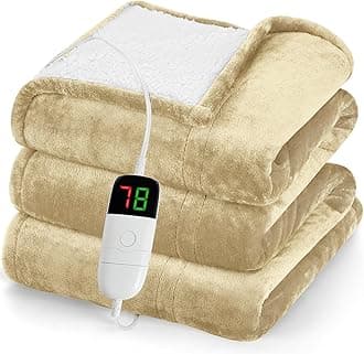 greenoak Heated Blanket Electric Throw 50"X60", Heating Blanket with 10 Heat Levels 1/2/4/6/8 Hours Auto-Off Overheat Protection, Flannel Sherpa Soft Warm Heater Blanket, ETL Certified Beige