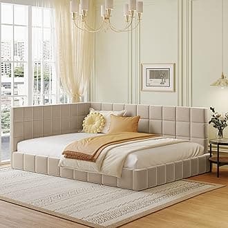 Full Corner Daybed,L Shaped Day Bed with Upholstered Armrest,Modern Velvet Sofa Bed Frame,No Box Spring Needed(Beige)