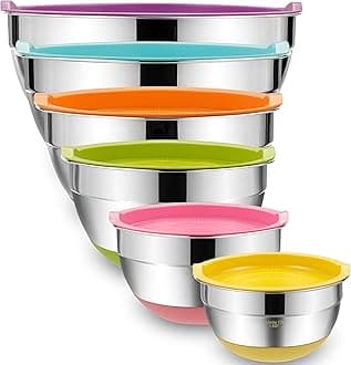 Umite Chef Stainless Steel Metal Mixing and Serving Bowls with Airtight Lids and Measurement Marks and Colorful Non-Slip Bottoms (7, 3.5, 2.5, 2.0, 1.5, 1QT) - 6 Pieces
