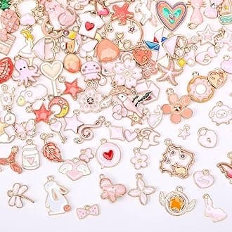 MARFOREVER 120 Pcs Pink Charms, Assorted Gold Enamel Pink Charm for Jewelry Making Mixed Theme Flowers Heart Fruit Moon Star Dangle Pendants Charm for DIY Bracelet Necklace Earrings Crafts