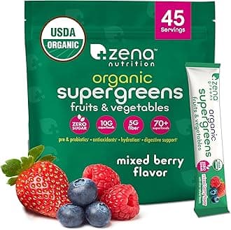 Organic Super Greens Powder, 70+ Superfoods, 0 Sugar, 5G Fiber, Spirulina, Chlorella, Antioxidants, Prebiotics/Probiotics, Digestive Enzymes, Mixed Berry, 45 Drink Mix Packets