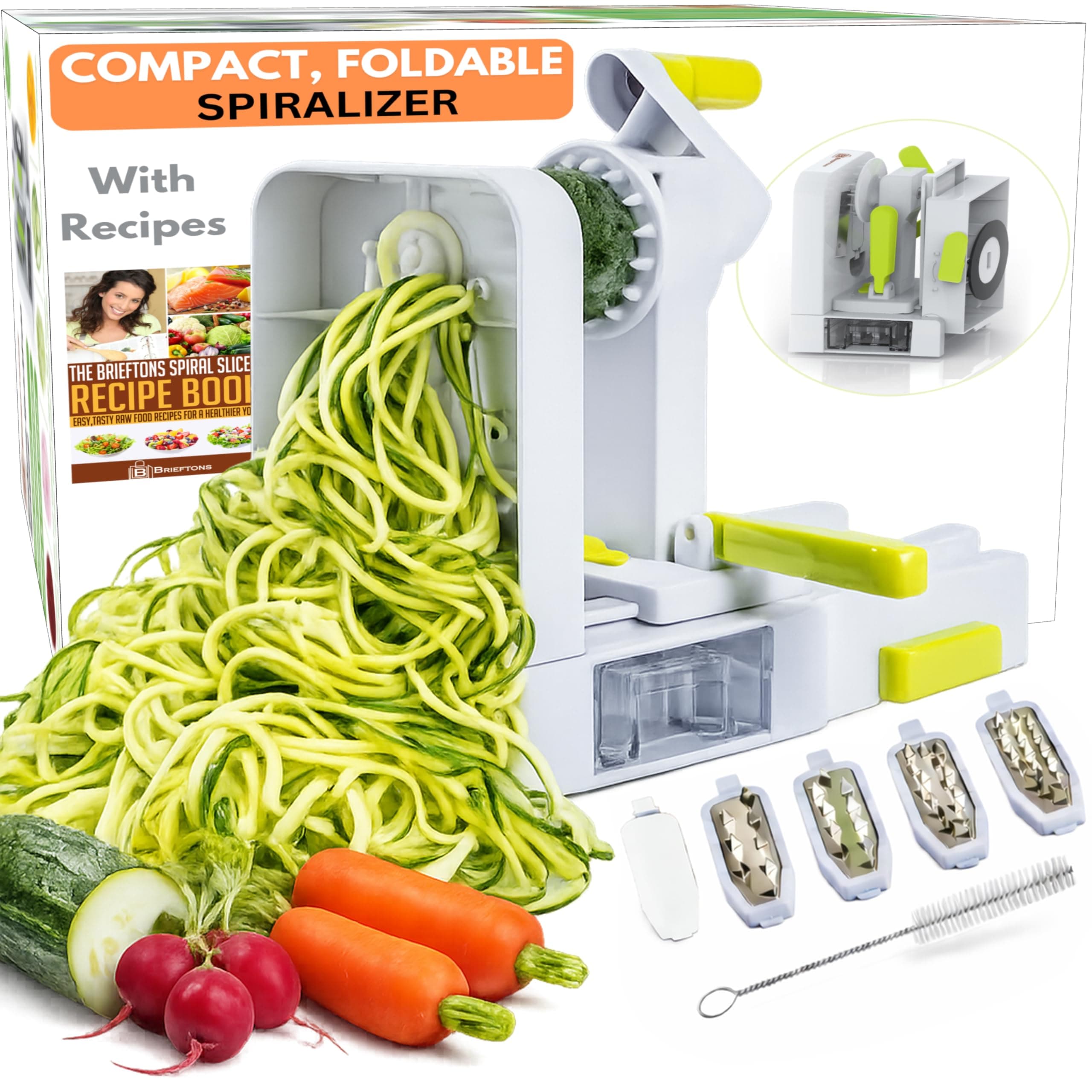 QuickFold 5-Blade Spiralizer: Versatile & Compact Foldable Vegetable Spiral Slicer, Best Veggie Pasta Spaghetti Maker for Low Carb/Paleo/Gluten-Free with Brush & 4 Recipe Ebooks