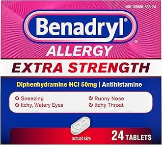 Benadryl Extra Strength Allergy Relief Medicine, 50 mg Diphenhydramine HCl Antihistamine Tablets for Relief of Allergy Symptoms Due to Hay Fever or Other Upper Respiratory Allergies, 24 ct