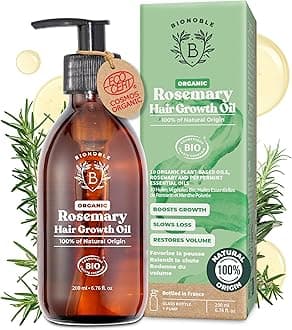 BIONOBLE Organic Rosemary Oil for Hair Growth - Slows Loss, Restores Volume, Nourishes the Scalp - Rosemary Hair Oil, Castor, Argan - 100% Natural and Vegan - Glass Bottle with Pump - 200ml