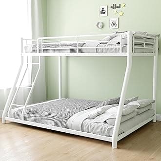 Twin Over Full Bunk Bed,Heavy Duty Metal Bunk Bed Frame for Adults,2 Side Ladder,Guardrail,Space-Saving,Noise Reduced,No Box Spring Needed,Black (White, Twin Over Full)