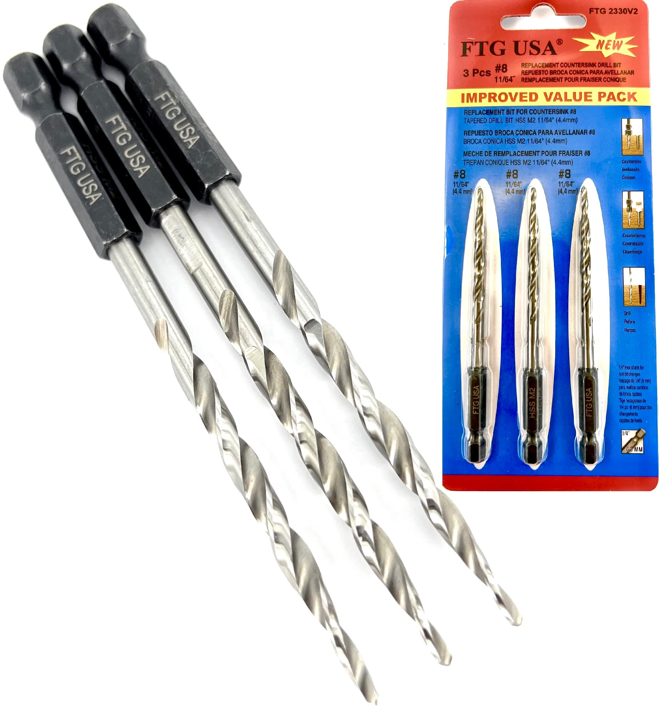 FTG USAImproved FTG 2330 Value Pack 3 Pcs same size #8 (11/64") Replacement Countersink Drill Bit Only
