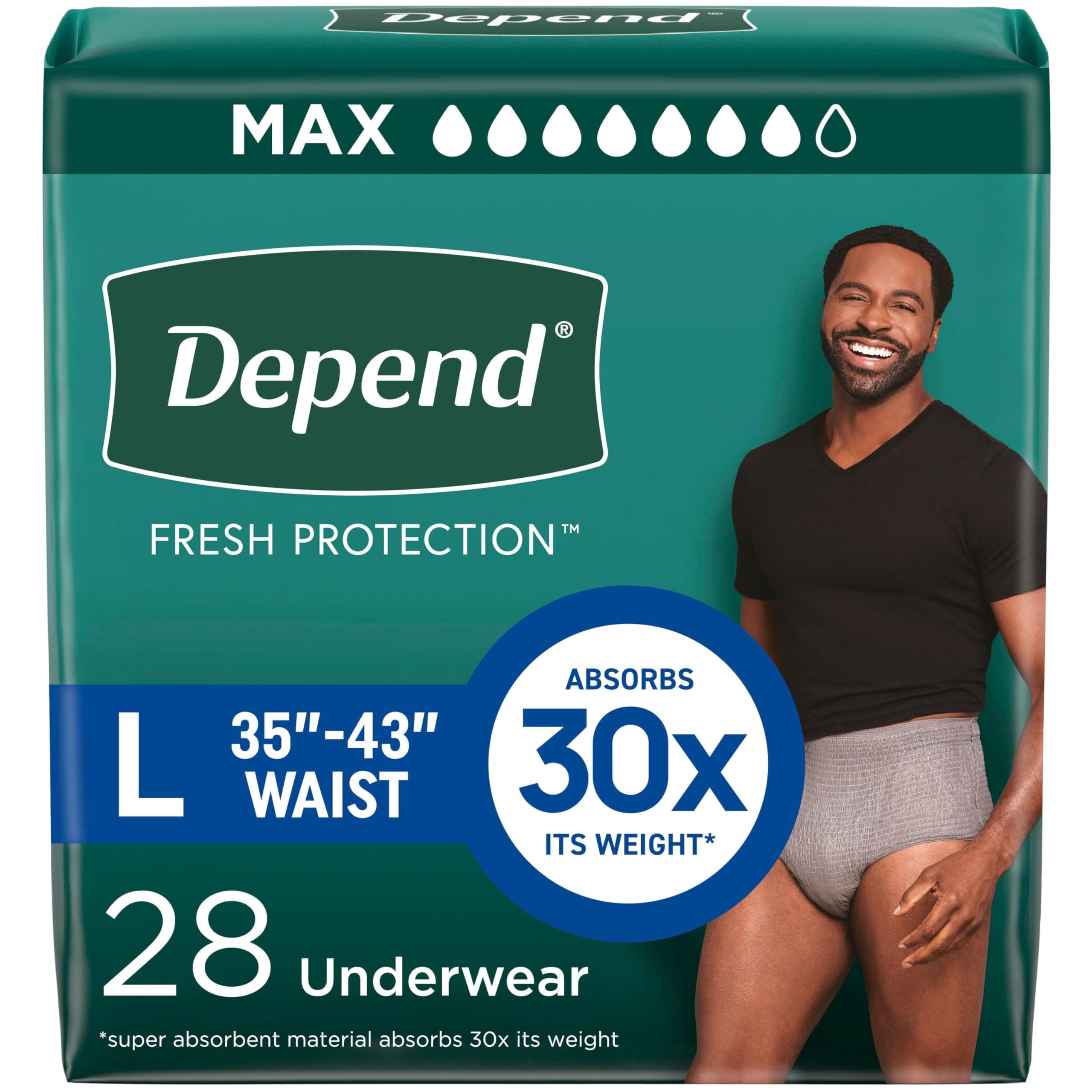 Depend Fresh Protection Adult Diapers, Incontinence Underwear for Men, Disposable, Maximum, Large, Grey, 28 Count, Packaging May Vary